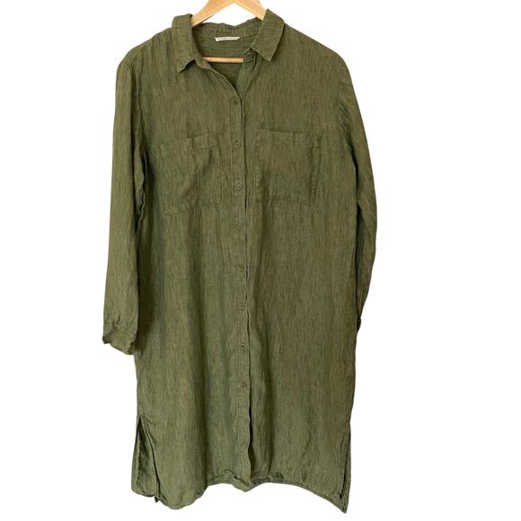 EILEEN FISHER Washed Organic Linen Délavé Shirt Dress in Green, Size Large - Picture 11 of 11